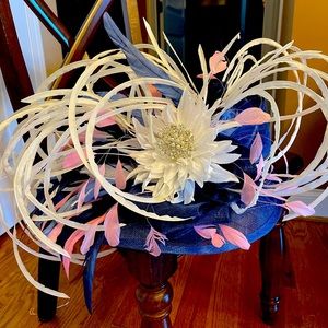 Kentucky Derby Hat Royal Blue and White with pink accent